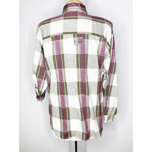 Vintage 90s Button Down Shirt Large Green Ivory Check Embroidered Women's Medium - Picture 2 of 5